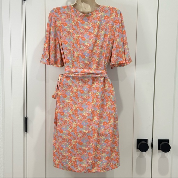 Billabong All For You Wrap Dress Floral Soft N Peachy Mini Flutter Sleeve Large - Picture 5 of 11